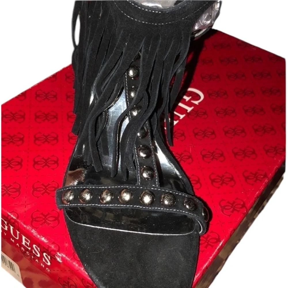 Guess Size 10 black Galiena Strappy heels with Fringe And Silver Studs